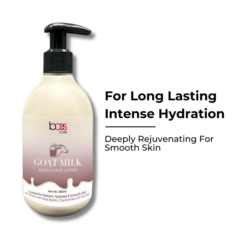 A pump bottle of Baes Club Goat Milk Body & Face Lotion with text highlighting long-lasting intense hydration and smooth skin.