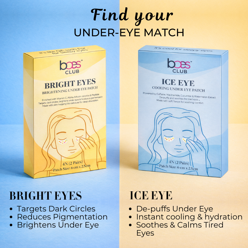 Two boxes of baes club eye patches on a blue and beige background with product descriptions.