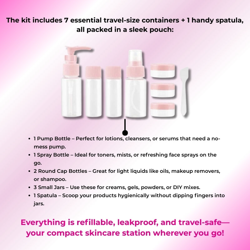 Baes Club Refillable Empty Mini Containers with Pouch | travelling kit for essentials | 7 Containers &amp; 1 Spoon