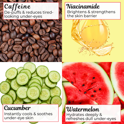 Four food items with their benefits labeled: coffee beans, niacinamide, cucumber slices, and watermelon slices.