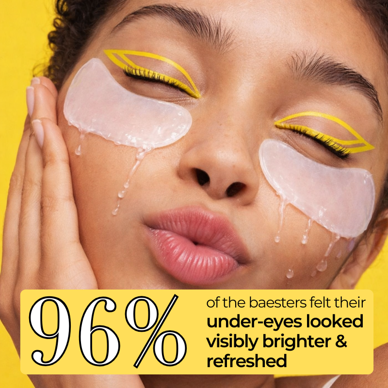 Person with under-eye patches on a yellow background, promoting product effectiveness.