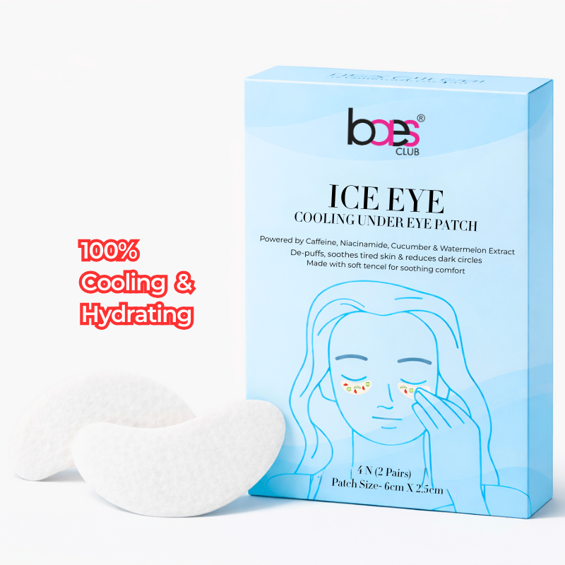 Ice eye cooling under eye patch packaging with a blue box and white patches on a white background