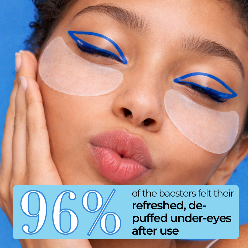 Woman with Baes Club under-eye patches and blue eyeliner against a blue background, with text about product effectiveness.