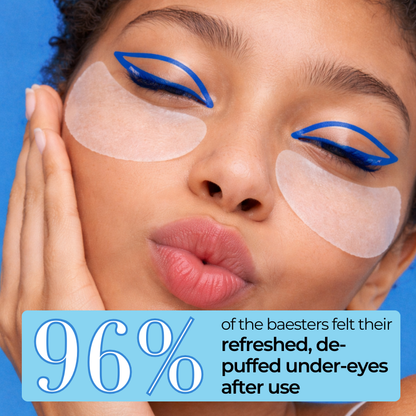 Woman with Baes Club under-eye patches and blue eyeliner against a blue background, with text about product effectiveness.