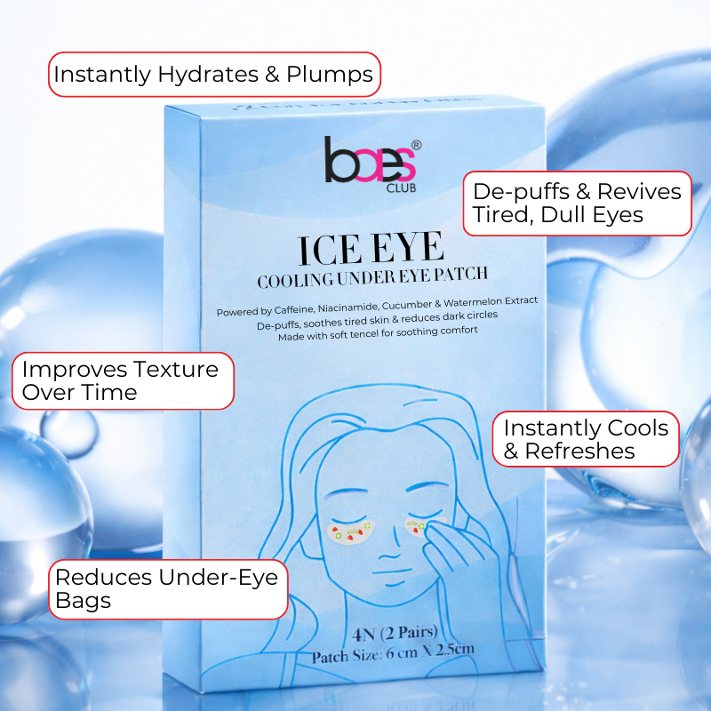 BAES CLUB Ice Eye Cooling Under Eye Patch packaging with product benefits text on a blue background.