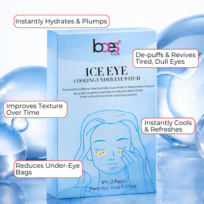 BAES CLUB Ice Eye Cooling Under Eye Patch packaging with product benefits text on a blue background.