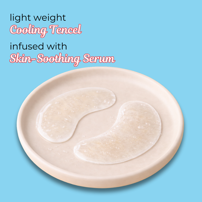 Two Baes Club eye patches on a beige plate with text about cooling tencel and skin-soothing serum on a blue background.