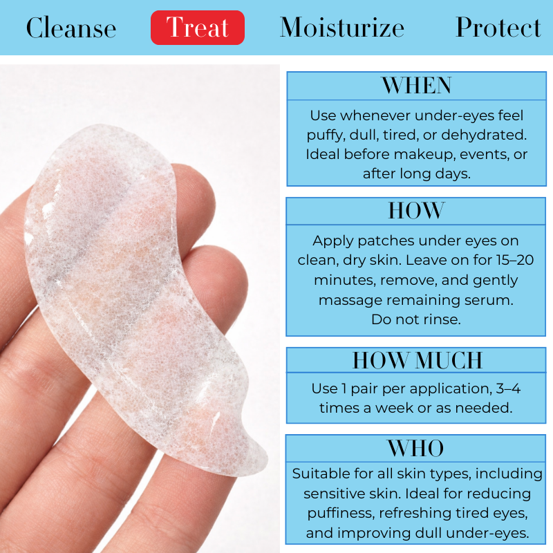 Baes Club Eye patch held by a hand with usage instructions on a blue background