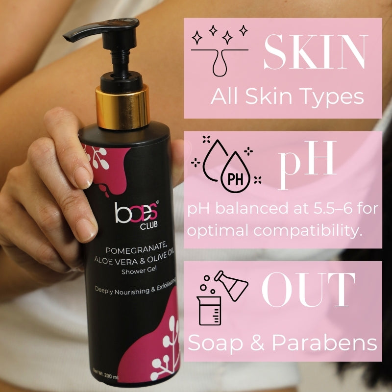 applying pomegranate aloe vera olive oil shower gel