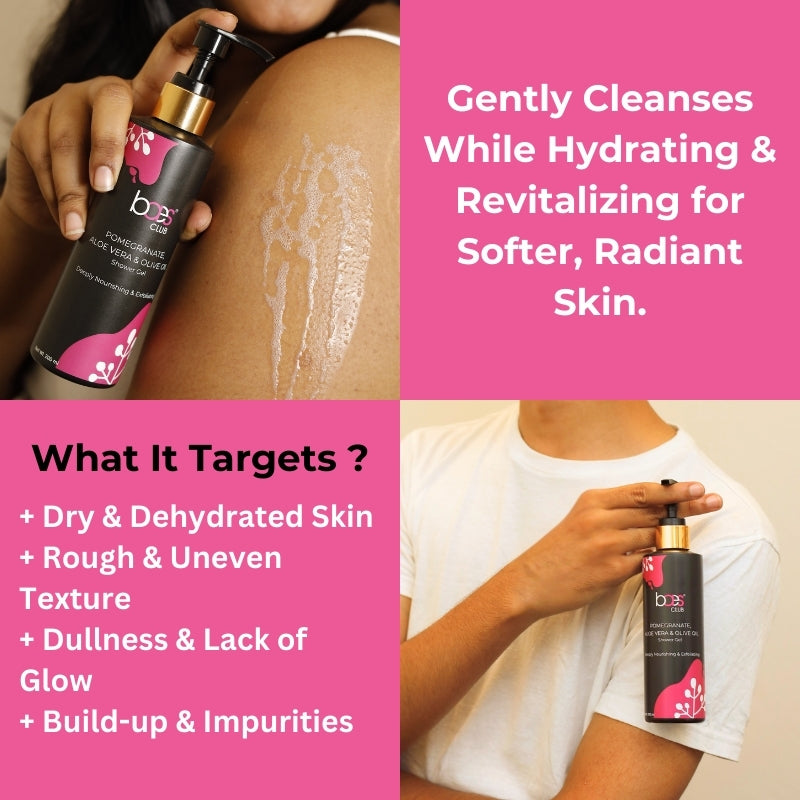 applying pomegranate aloe vera olive oil shower gel